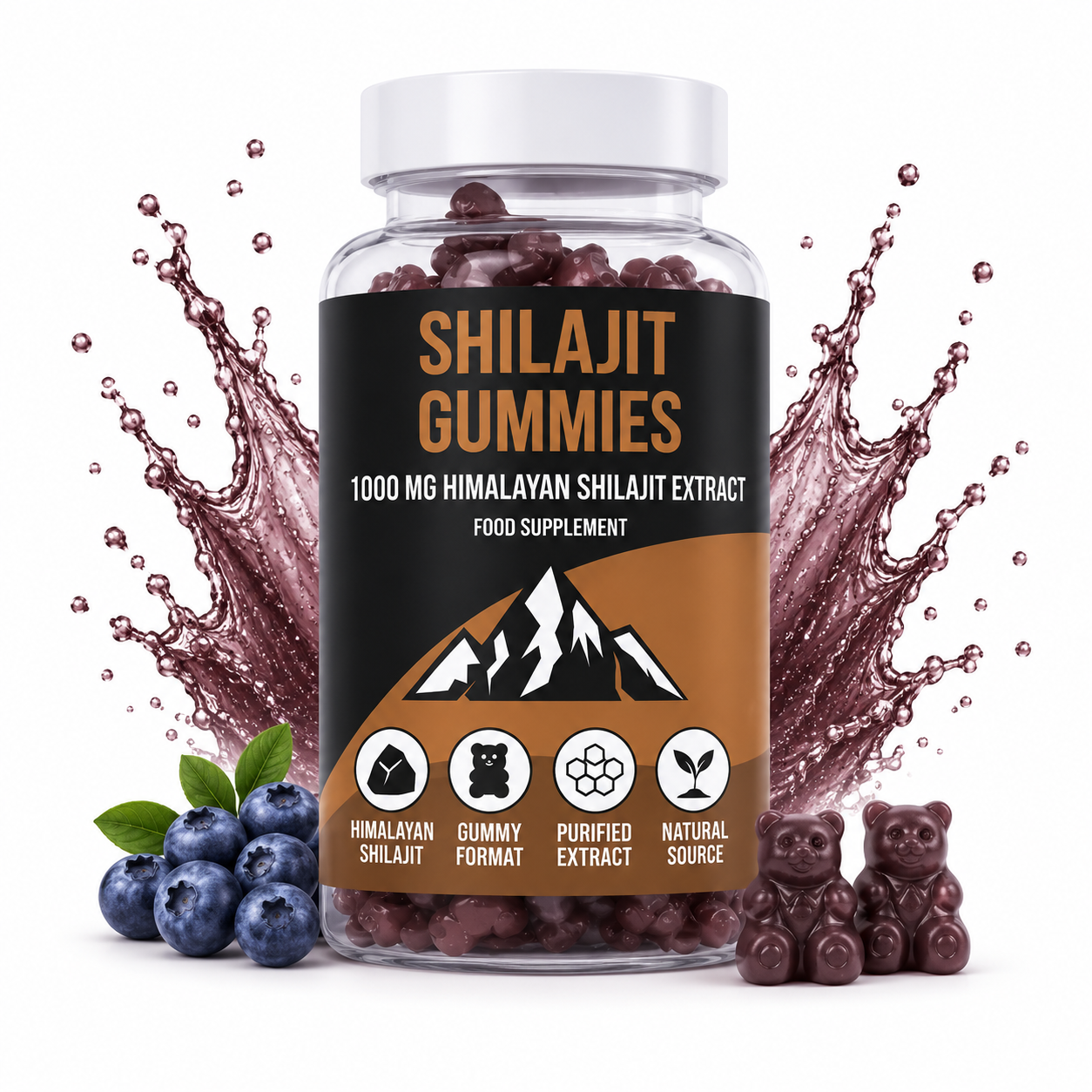 LIMITLESS GAINS Shilajit gummies bottle with gummy bears and blueberries on a white background