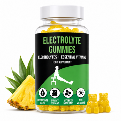 Bottle of LIMITLESS GAINS electrolyte gummies with a pineapple and additional gummies on a white background