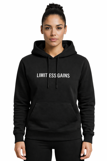 Person wearing a black hoodie with 'LIMIT ESS GAINS' text on a white background