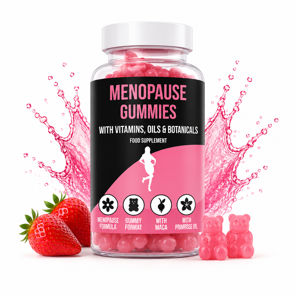 Bottle of LIMITLESS GAINS menopause gummies with a strawberry and more gummies on a white background