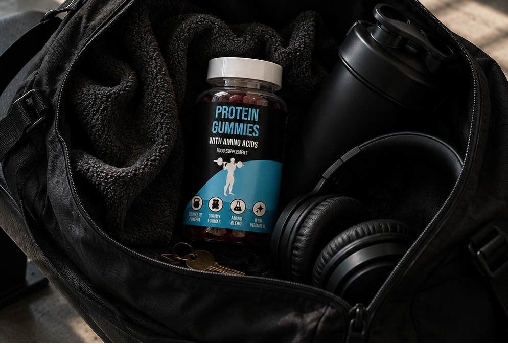 Black bag with protein gummies, black bottle, and headphones on a bench in a gym.