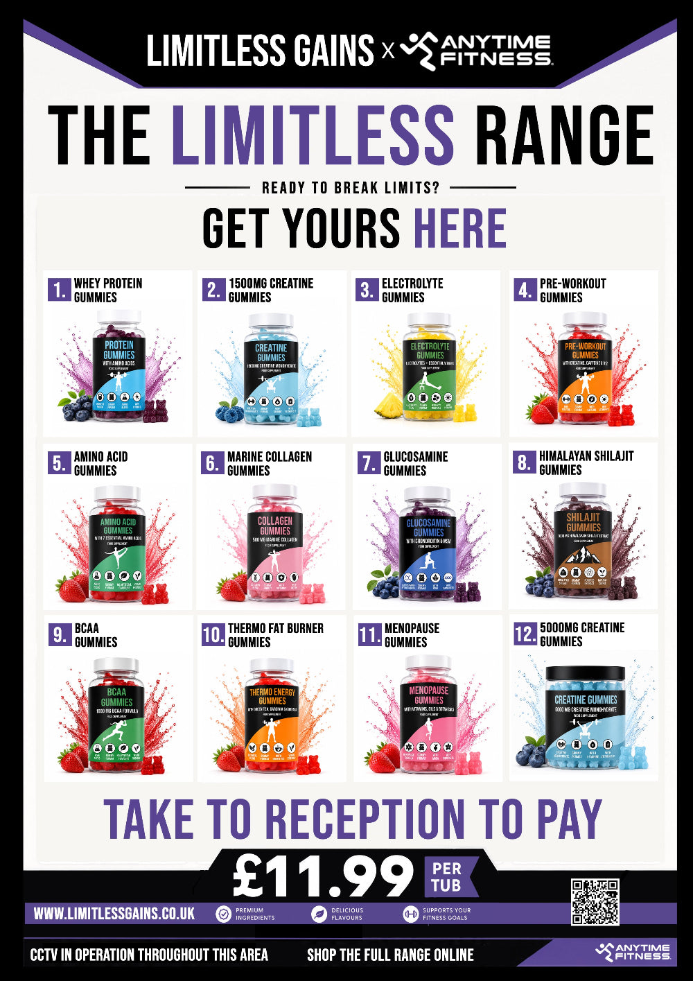 A promotional flyer for Limitless Gains x Anytime Fitness tub deals, featuring a grid of 17 gummy supplement products in various flavors and colors under the heading 'THE LIMITLESS RANGE'.