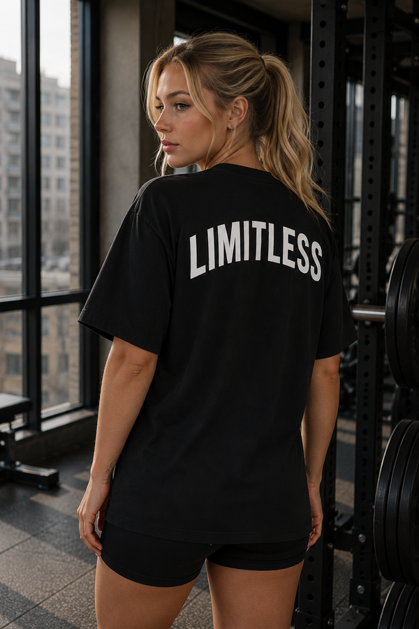 Woman wearing a black 'LIMITLESS' t-shirt in a gym setting