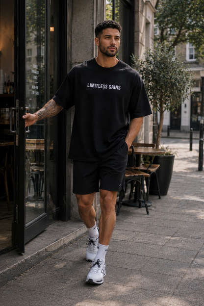 A man walking on a city sidewalk wearing a black oversized t-shirt with 'LIMITLESS GAINS' printed in white across the chest, paired with black shorts and white sneakers.