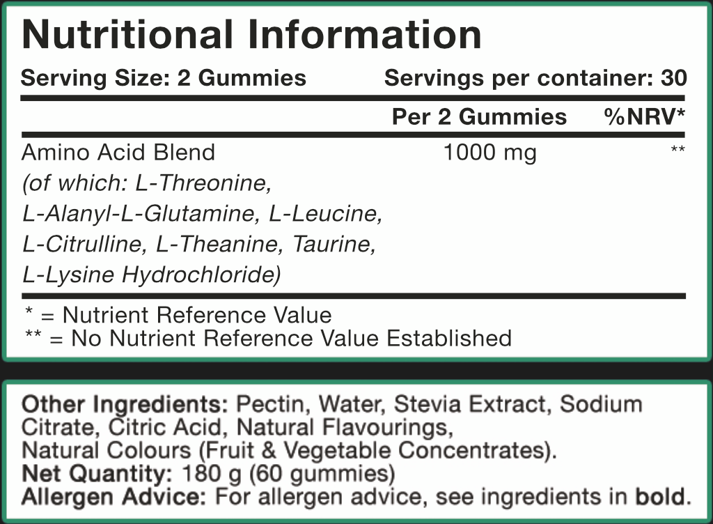 Nutritional information label for LIMITLESS GAINS Amino Acid gummies with amino acid blend and ingredient list.