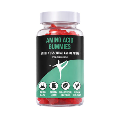 Bottle of LIMITLESS GAINS amino acid gummies with a white background