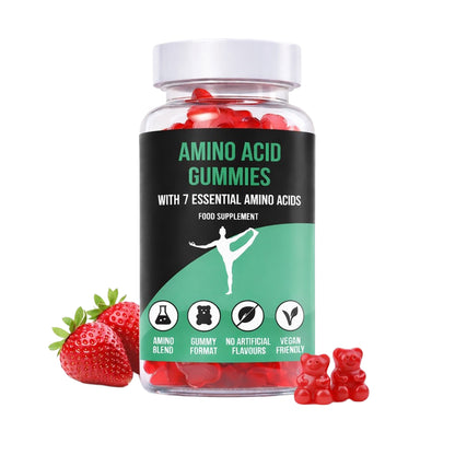 Bottle of LIMITLESS GAINS amino acid gummies with a strawberry and gummy bear on a white background
