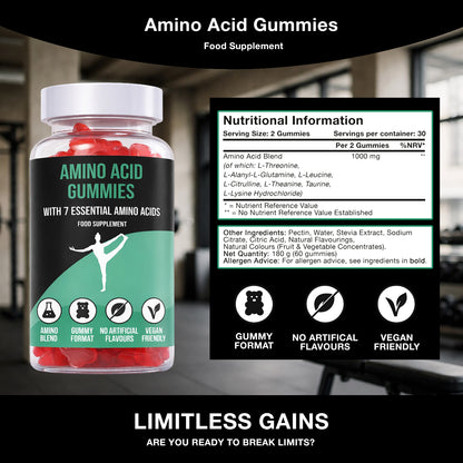 LIMITLESS GAINS Amino acid gummies supplement with nutritional information and branding on a blurred background
