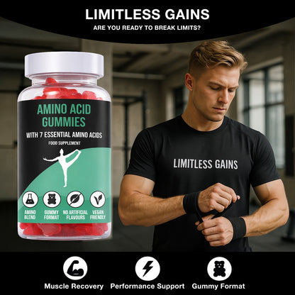 Bottle of LIMITLESS GAINS Amino Acid Gummies with a man wearing a 'Limitless Gains' shirt in a gym setting.