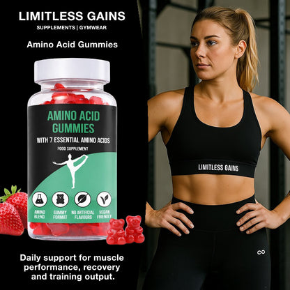 Supplement bottle labeled 'Limitless Gains' with gummy bears and a woman in LIMITLESS GAINS athletic wear.