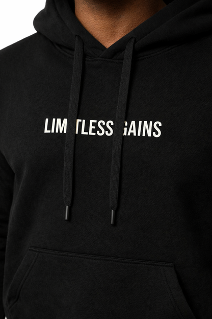 Black hoodie with 'LIMITLESS GAINS' text on a dark background