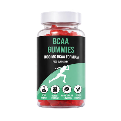 Bottle of LIMITLESS GAINS BCAA gummies with a white cap on a white background