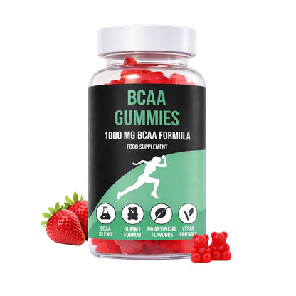 Bottle of LIMITLESS GAINS BCAA gummies with a strawberry on a white background