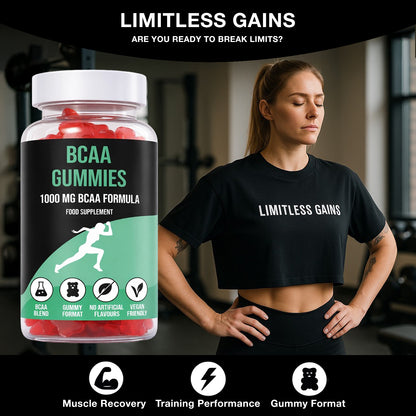 Woman wearing a 'Limitless Gains' t-shirt with a bottle of BCAA gummies on a dark background.
