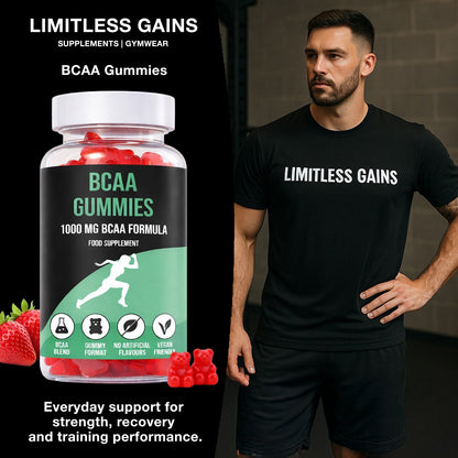 Bottle of LIMITLESS GAINS BCAA Gummies with a man wearing a 'Limitless Gains' t-shirt.