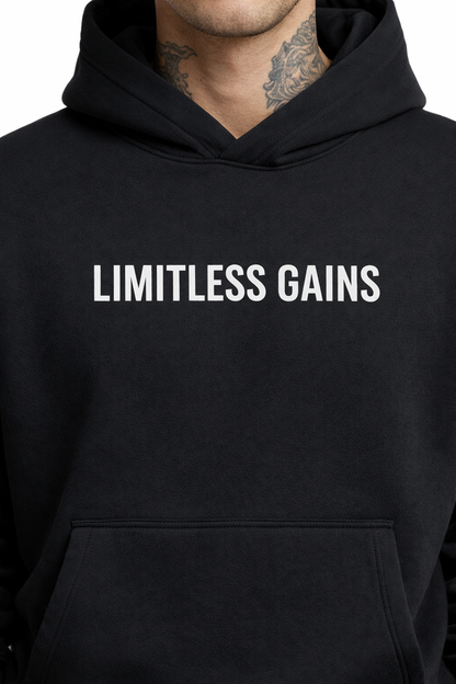 Black hoodie with 'LIMITLESS GAINS' text on a white background