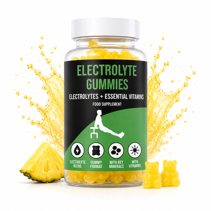 Jar of LIMITLESS GAINS  electrolyte gummies with a pineapple and gummy bears on a white background