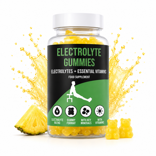 Jar of LIMITLESS GAINS  electrolyte gummies with a pineapple and gummy bears on a white background