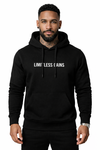 Man wearing a black hoodie with 'LIMITLESS GAINS' text on a white background