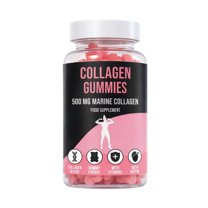 Bottle of LIMITLESS GAINS collagen gummies with a black label on a white background