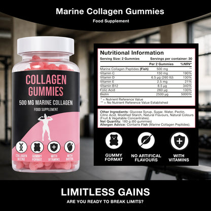 LIMITLESS GAINS Marine Collagen Gummies supplement bottle with nutritional information panel on a blurred background