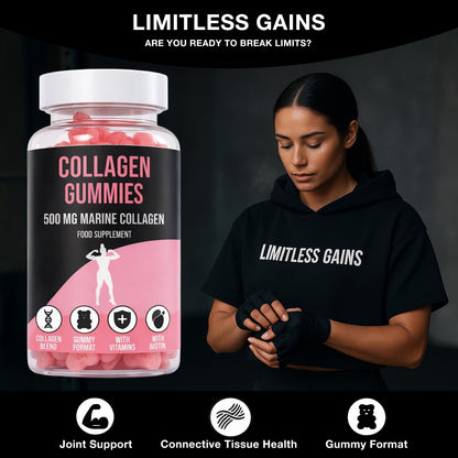 LIMITLESS GAINS Collagen gummies supplement bottle with a person wearing a 'Limitless Gains' shirt on a dark background.