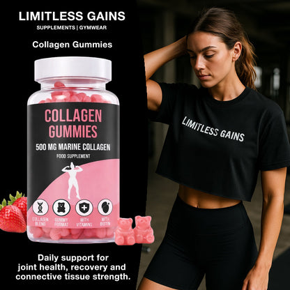 LIMITLESS GAINS Collagen gummies supplement with a woman wearing a 'Limitless Gains' shirt.
