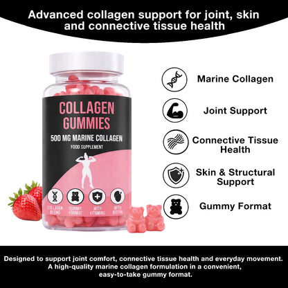LIMITLESS GAINS Collagen gummies packaging with text highlighting benefits on a white background