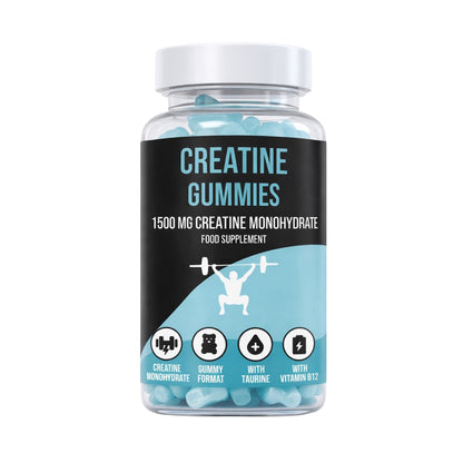 Bottle of LIMITLESS GAINS creatine gummies with a white cap on a white background