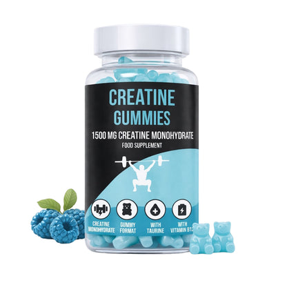Bottle of LIMITLESS GAINS creatine gummies with blue gummy bears on a white background