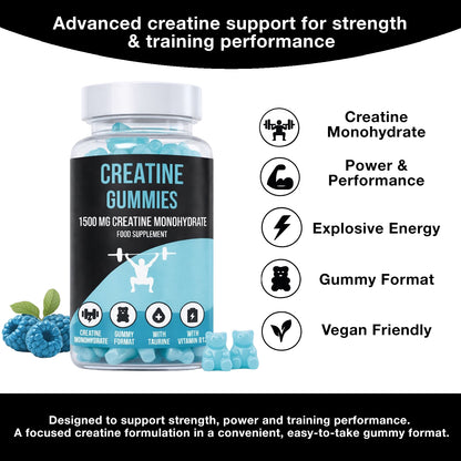 Bottle of LIMITLESS GAINS creatine gummies with text highlighting benefits on a white background
