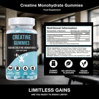 LIMITLESS GAINS Creatine Monohydrate Gummies supplement bottle with nutritional information panel on a blurred gym background.