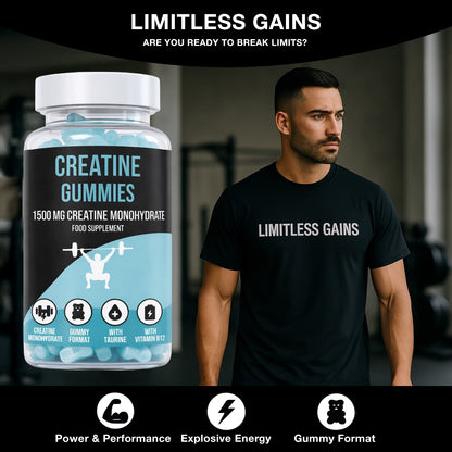 Person wearing a 'Limitless Gains' t-shirt with a LIMITLESS GAINS creatine gummies supplement bottle in the foreground.