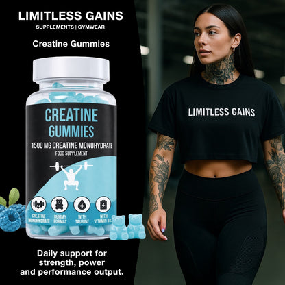 LIMITLESS GAINS Supplement bottle labeled 'Creatine Gummies' with a woman wearing a 'Limitless Gains' shirt.
