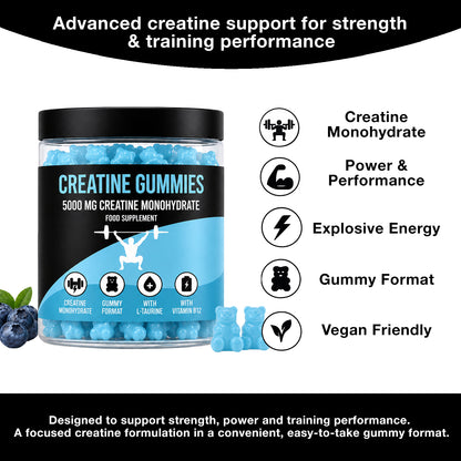 LIMITLESS GAINS Creatine gummies container with blue gummies, black label, and text about product benefits.