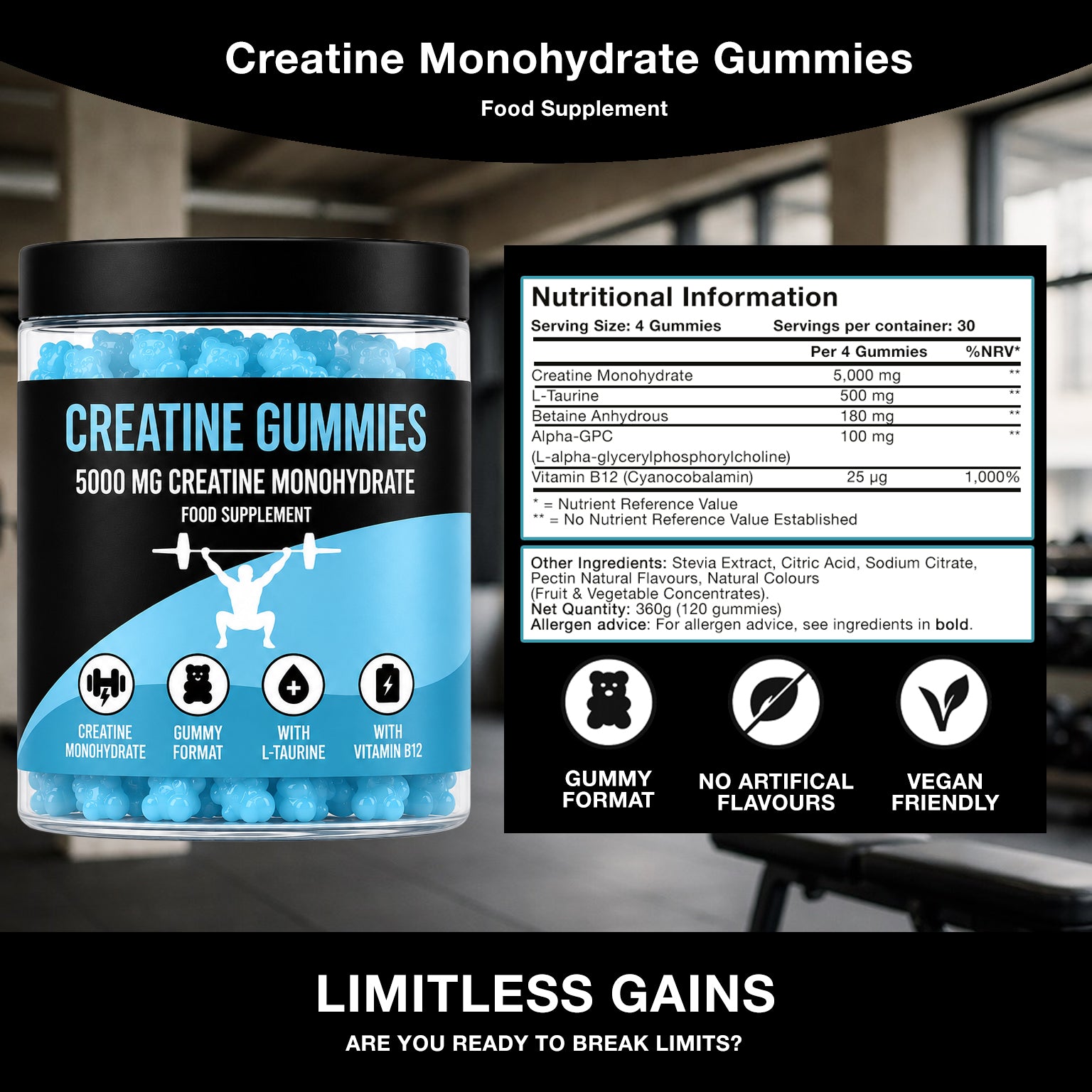 LIMITLESS GAINS Creatine Monohydrate Gummies packaging with nutritional information on a blurred gym background