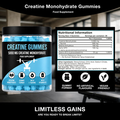 LIMITLESS GAINS Creatine Monohydrate Gummies packaging with nutritional information on a blurred gym background
