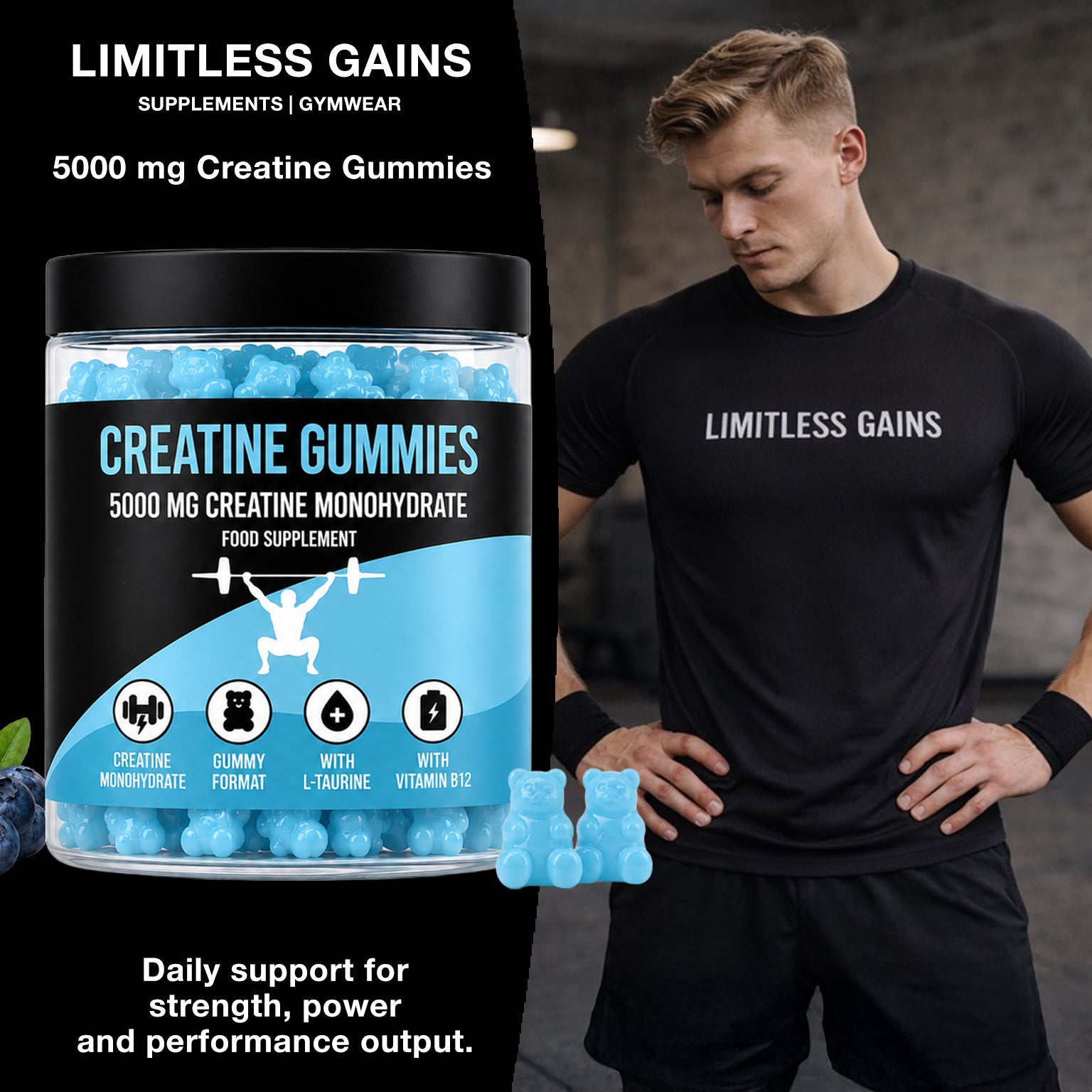 LIMITLESS GAINS Creatine gummies supplement container with a person wearing 'Limitless Gains' clothing.
