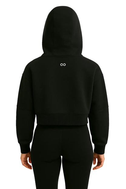 Black hoodie with a logo on the back worn by a person, on a white background