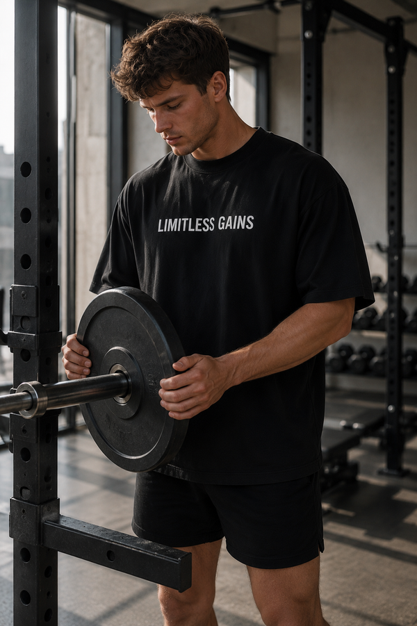 Man lifting weights with 'Limitless Gains' t-shirt in a gym setting