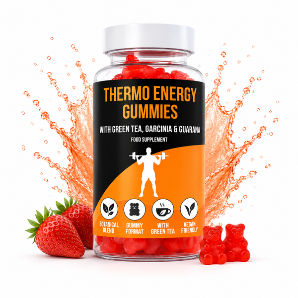 LIMITLESS GAINS Thermo energy fat burner gummies supplement bottle with strawberry and gummy bears on a white background