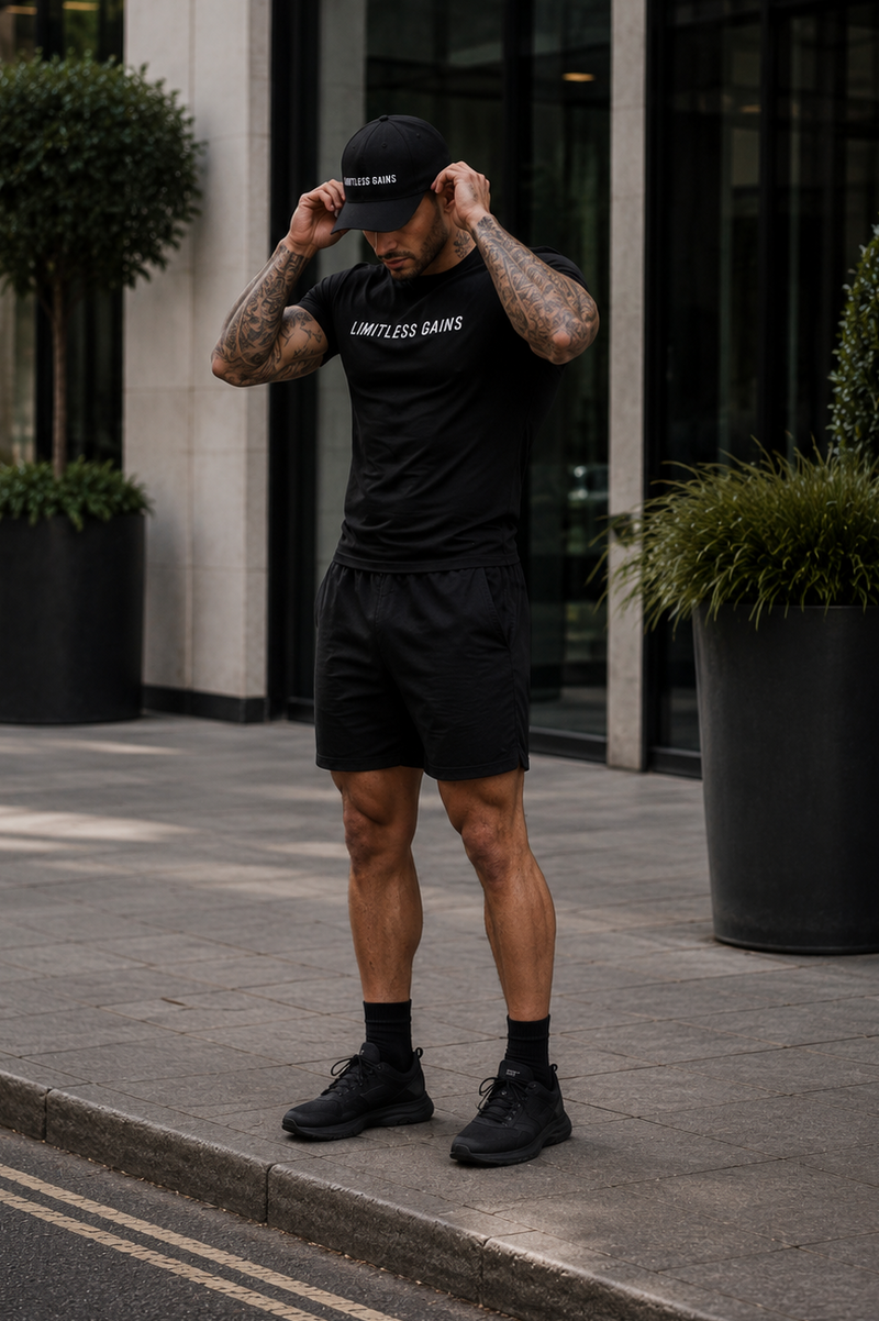 Man in black outfit with 'Limitless Game' t-shirt standing on a city street.