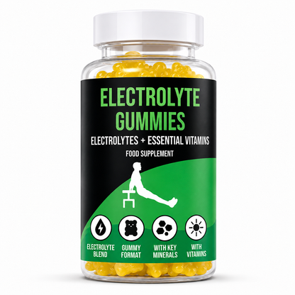 Bottle of LIMTLESS GAINS electrolyte gummies with a green label on a white background