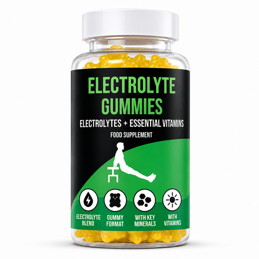 Bottle of LIMTLESS GAINS electrolyte gummies with a green label on a white background