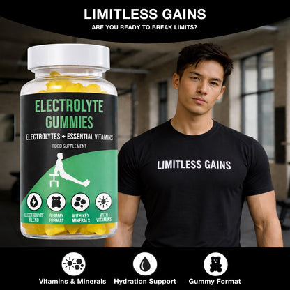 LIMITLESS GAINS Electrolyte gummies with a person wearing a 'Limitless Gains' shirt in a gym setting.