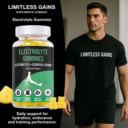 Bottle of LIMITLESS GAINS Electrolyte Gummies with a man wearing a 'Limitless Gains' t-shirt.