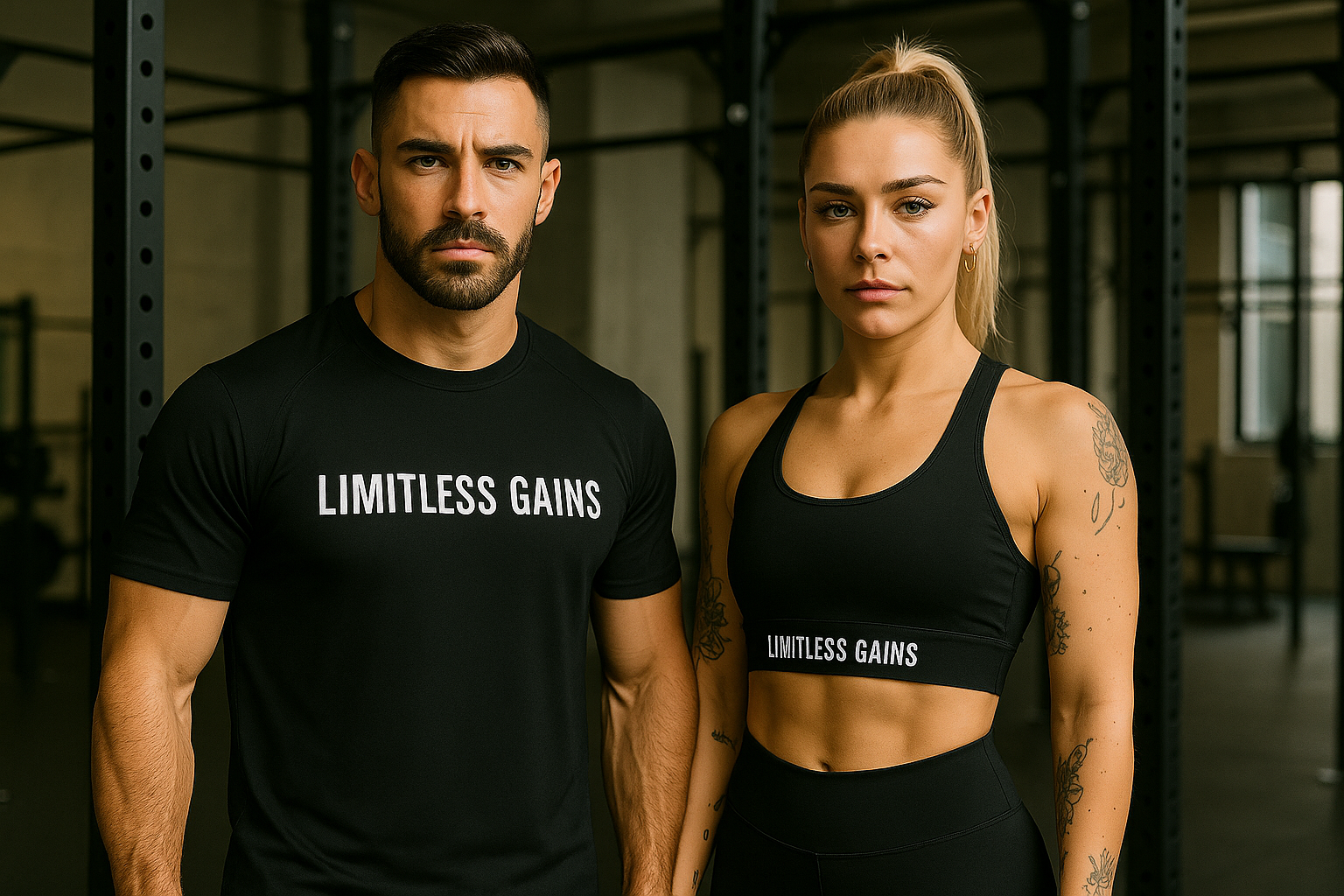 Man and woman wearing 'Limitless Gains' t-shirt and sports bra in a gym setting