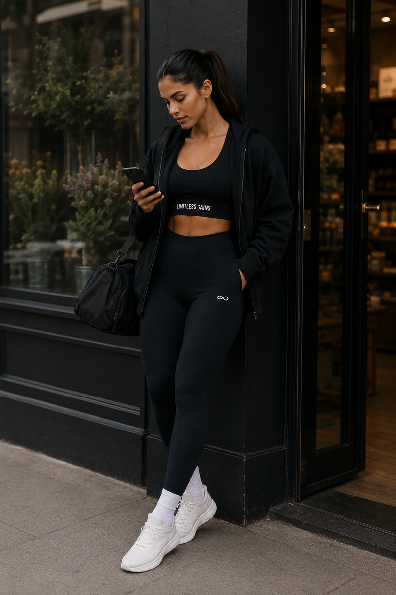 Woman in black LIMITLESS GAINS athletic wear standing outside a building, looking at her phone.