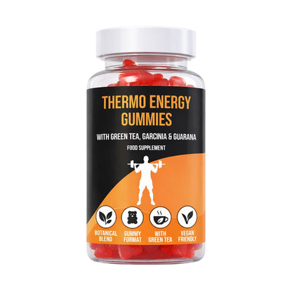 LIMITLESS GAINS Thermo energy gummies in a jar with a black and orange label on a white background