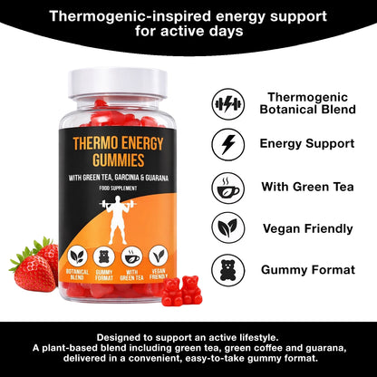 LIMITLESS GAINS Thermo energy gummies packaging with product details on a white background